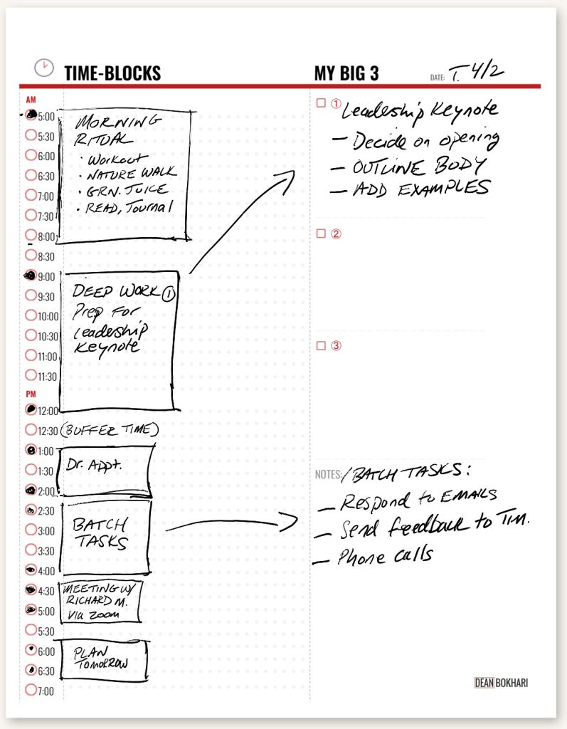 Time Blocking - image of daily schedule with times